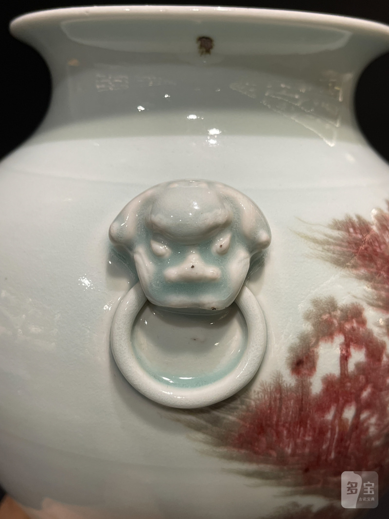 清中期 釉里红山水人物图铺首尊 - 图10